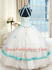 Ball Gowns 15 Quinceanera Dress White Halter Top Tulle Sleeveless Floor Length Lace Up