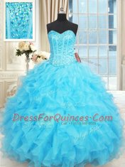 Glittering Floor Length Aqua Blue Vestidos de Quinceanera Organza Sleeveless Beading and Ruffles and Ruffled Layers