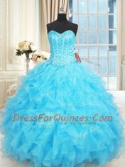 Glittering Floor Length Aqua Blue Vestidos de Quinceanera Organza Sleeveless Beading and Ruffles and Ruffled Layers