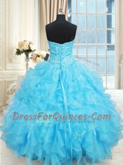 Glittering Floor Length Aqua Blue Vestidos de Quinceanera Organza Sleeveless Beading and Ruffles and Ruffled Layers