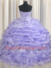 Best Lavender Organza Lace Up Quinceanera Gowns Sleeveless Floor Length Beading and Ruffles and Pick Ups