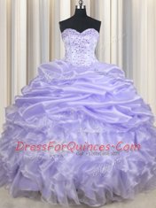 Best Lavender Organza Lace Up Quinceanera Gowns Sleeveless Floor Length Beading and Ruffles and Pick Ups