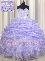 Best Lavender Organza Lace Up Quinceanera Gowns Sleeveless Floor Length Beading and Ruffles and Pick Ups