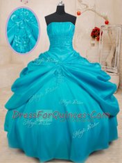 Fashionable Strapless Sleeveless Sweet 16 Quinceanera Dress Floor Length Appliques Teal Taffeta