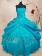 Fashionable Strapless Sleeveless Sweet 16 Quinceanera Dress Floor Length Appliques Teal Taffeta
