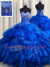 Royal Blue Sweetheart Lace Up Beading and Ruffles Quinceanera Gown Brush Train Sleeveless