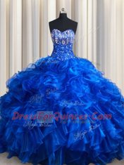 Royal Blue Sweetheart Lace Up Beading and Ruffles Quinceanera Gown Brush Train Sleeveless