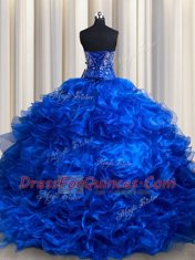Royal Blue Sweetheart Lace Up Beading and Ruffles Quinceanera Gown Brush Train Sleeveless