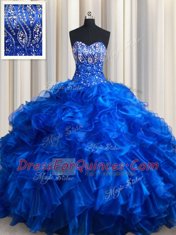 Royal Blue Sweetheart Lace Up Beading and Ruffles Quinceanera Gown Brush Train Sleeveless