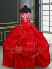 Floor Length Red Sweet 16 Dresses Taffeta Sleeveless Beading and Pick Ups