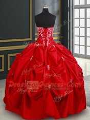 Floor Length Red Sweet 16 Dresses Taffeta Sleeveless Beading and Pick Ups