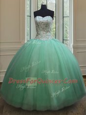Nice Floor Length Lace Up Quince Ball Gowns Apple Green for Military Ball and Sweet 16 and Quinceanera with Beading