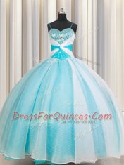 White and Blue Quince Ball Gowns Military Ball and Sweet 16 and Quinceanera and For with Beading Spaghetti Straps Sleeveless Lace Up