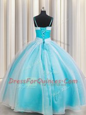 White and Blue Quince Ball Gowns Military Ball and Sweet 16 and Quinceanera and For with Beading Spaghetti Straps Sleeveless Lace Up
