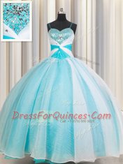 White and Blue Quince Ball Gowns Military Ball and Sweet 16 and Quinceanera and For with Beading Spaghetti Straps Sleeveless Lace Up