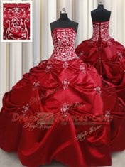 Wine Red Ball Gowns Strapless Sleeveless Taffeta Floor Length Lace Up Beading and Pick Ups Vestidos de Quinceanera