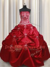 Wine Red Ball Gowns Strapless Sleeveless Taffeta Floor Length Lace Up Beading and Pick Ups Vestidos de Quinceanera