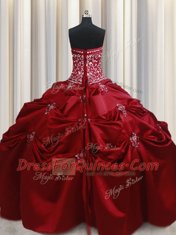 Wine Red Ball Gowns Strapless Sleeveless Taffeta Floor Length Lace Up Beading and Pick Ups Vestidos de Quinceanera