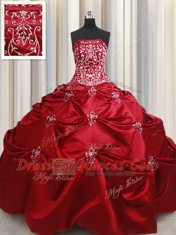 Wine Red Ball Gowns Strapless Sleeveless Taffeta Floor Length Lace Up Beading and Pick Ups Vestidos de Quinceanera