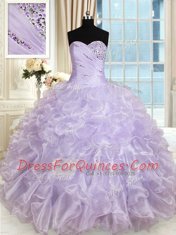 Cute Organza Sweetheart Sleeveless Lace Up Beading and Ruffles Quinceanera Dress in Lavender
