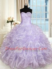 Cute Organza Sweetheart Sleeveless Lace Up Beading and Ruffles Quinceanera Dress in Lavender