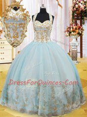 High Class Halter Top Sleeveless Floor Length Appliques Lace Up Vestidos de Quinceanera with Light Blue