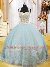 High Class Halter Top Sleeveless Floor Length Appliques Lace Up Vestidos de Quinceanera with Light Blue