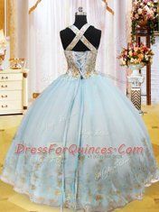 High Class Halter Top Sleeveless Floor Length Appliques Lace Up Vestidos de Quinceanera with Light Blue