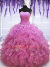 Lilac Organza Lace Up Quinceanera Dresses Sleeveless Floor Length Beading and Ruffles