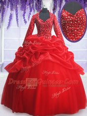Dynamic Red Long Sleeves Beading and Sequins and Pick Ups Floor Length Ball Gown Prom Dress