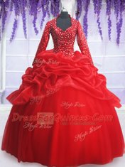 Dynamic Red Long Sleeves Beading and Sequins and Pick Ups Floor Length Ball Gown Prom Dress