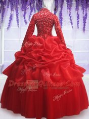 Dynamic Red Long Sleeves Beading and Sequins and Pick Ups Floor Length Ball Gown Prom Dress