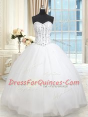 New Arrival Floor Length Lace Up Quinceanera Gowns White for Military Ball and Sweet 16 and Quinceanera with Beading and Ruffled Layers and Sequins