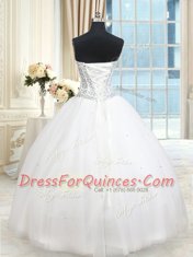 New Arrival Floor Length Lace Up Quinceanera Gowns White for Military Ball and Sweet 16 and Quinceanera with Beading and Ruffled Layers and Sequins