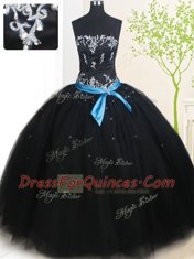 Black Strapless Neckline Beading and Belt Quince Ball Gowns Sleeveless Lace Up