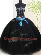 Black Strapless Neckline Beading and Belt Quince Ball Gowns Sleeveless Lace Up