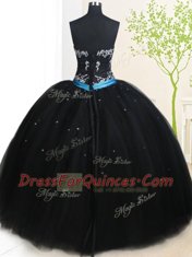Black Strapless Neckline Beading and Belt Quince Ball Gowns Sleeveless Lace Up