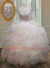 Latest Scoop See Through Organza Long Sleeves Floor Length 15th Birthday Dress and Beading and Ruffles
