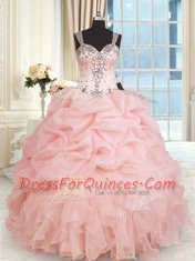 Beauteous Straps Floor Length Zipper Quinceanera Dresses Baby Pink for Military Ball and Sweet 16 and Quinceanera with Beading and Ruffles and Pick Ups