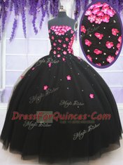 Fabulous Black Tulle Lace Up Quinceanera Gowns Sleeveless Floor Length Beading and Appliques