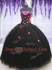 Fabulous Black Tulle Lace Up Quinceanera Gowns Sleeveless Floor Length Beading and Appliques