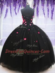 Fabulous Black Tulle Lace Up Quinceanera Gowns Sleeveless Floor Length Beading and Appliques