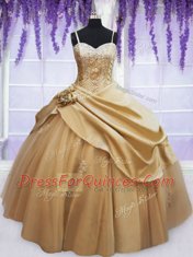 Taffeta Spaghetti Straps Sleeveless Lace Up Beading and Appliques and Hand Made Flower Ball Gown Prom Dress in Champagne