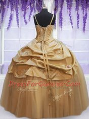 Taffeta Spaghetti Straps Sleeveless Lace Up Beading and Appliques and Hand Made Flower Ball Gown Prom Dress in Champagne