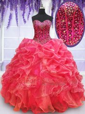 Coral Red Sleeveless Floor Length Beading and Ruffles Lace Up Quinceanera Dress