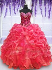 Coral Red Sleeveless Floor Length Beading and Ruffles Lace Up Quinceanera Dress