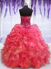Coral Red Sleeveless Floor Length Beading and Ruffles Lace Up Quinceanera Dress