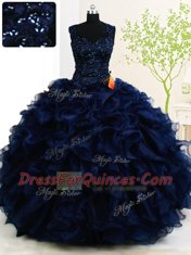 Sumptuous Straps Floor Length Navy Blue Ball Gown Prom Dress Organza Sleeveless Beading and Ruffles