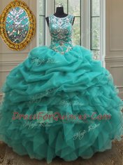 Luxury Pick Ups See Through Ball Gowns Quince Ball Gowns Turquoise Scoop Organza Sleeveless Floor Length Lace Up