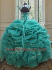 Luxury Pick Ups See Through Ball Gowns Quince Ball Gowns Turquoise Scoop Organza Sleeveless Floor Length Lace Up